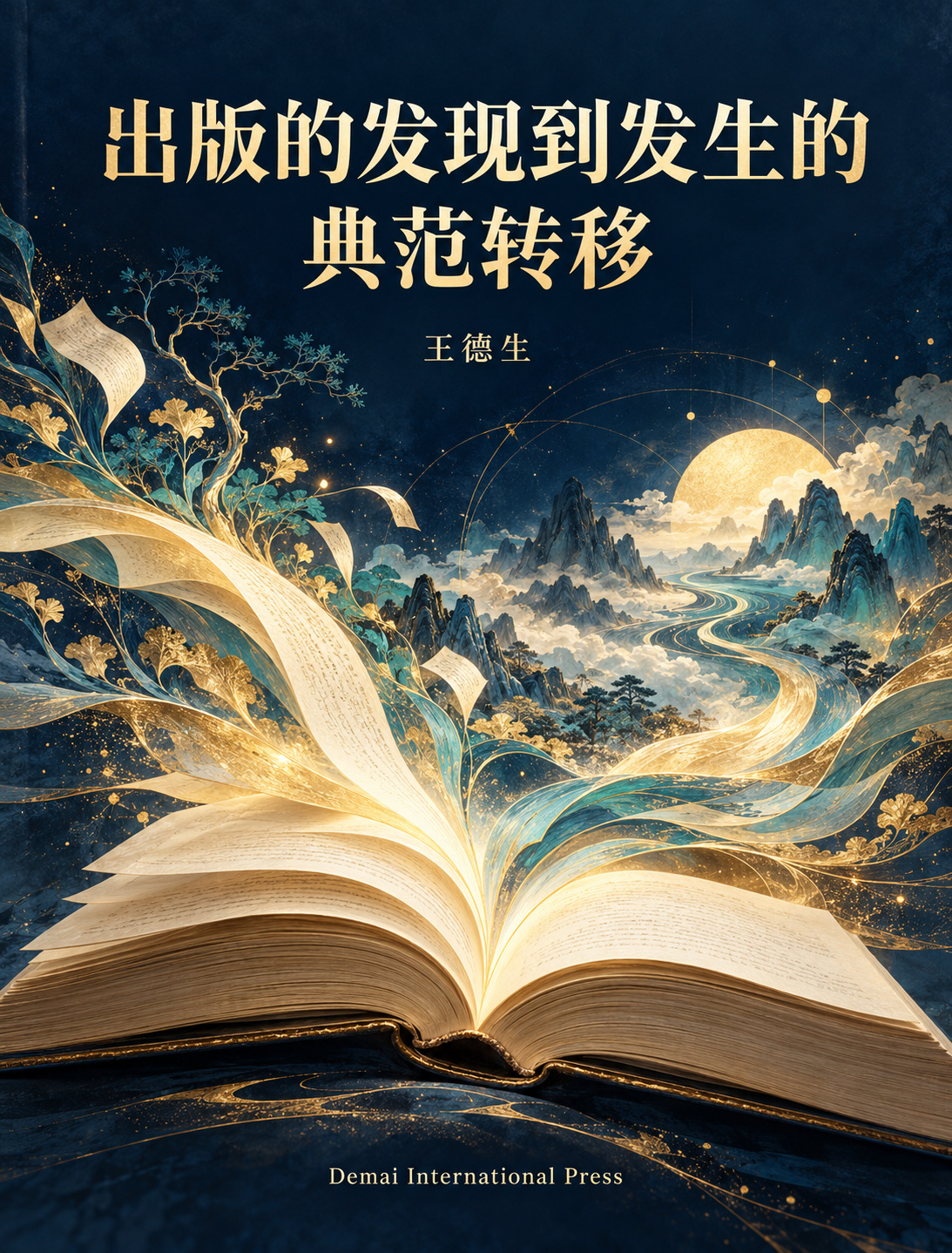 《出版的发现到发生的典范转移》封面:书页与金色光流中展开的新思想世界